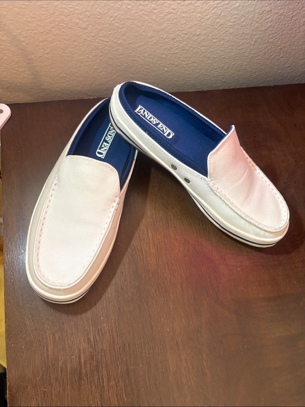 Lands' End Womens White Boat Slip-On Shoes with Navy Insole